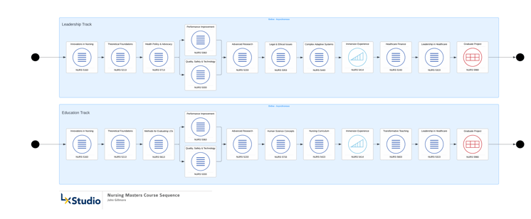 Program-level Learning Environment Model blueprint mapping the nursing master's program across multiple learning environments and course sequences. 