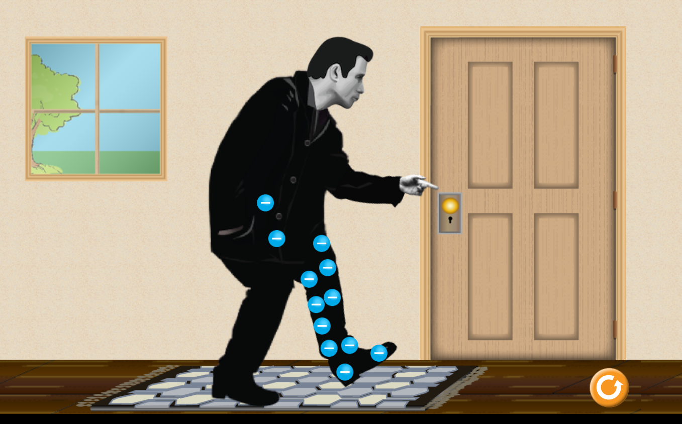 Illustrated interactive learning scenario showing a man stepping toward a door with visual indicators highlighting movement and balance, representing a humorous, game-like approach to teaching technical safety concepts.