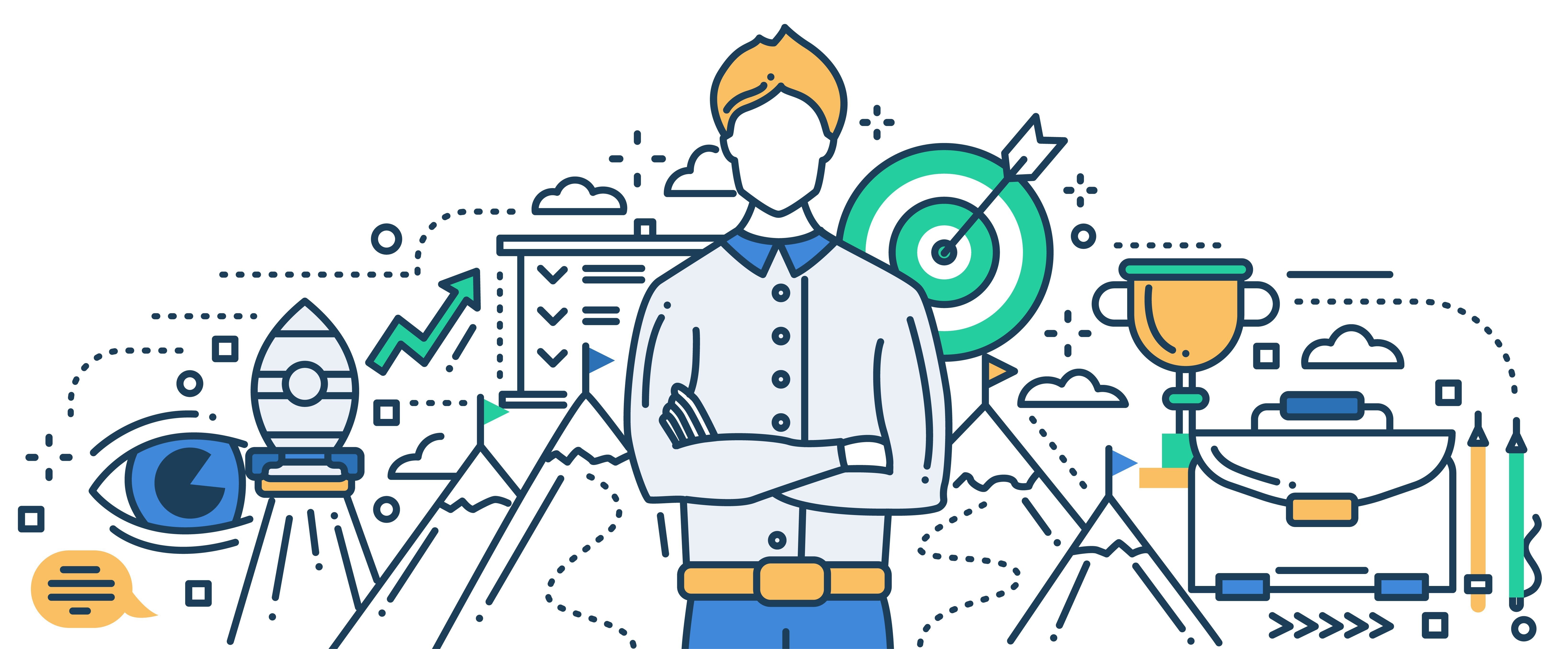 Stylized illustration of a professional standing confidently with arms crossed, surrounded by icons representing success, including a target with an arrow, a trophy, a rocket, and upward-trending graphs.