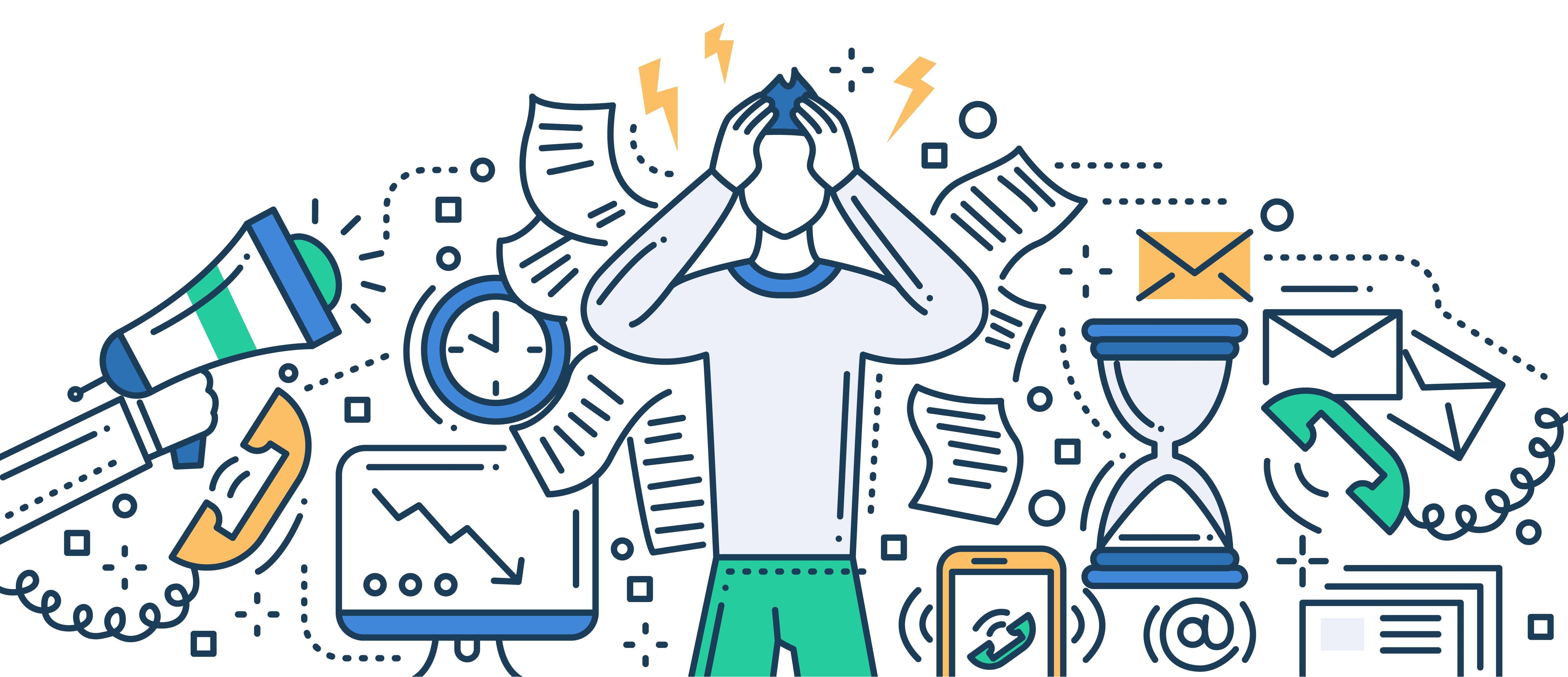 Stylized illustration of a person holding their head in frustration, surrounded by symbols of work overload such as ringing phones, scattered papers, clocks, and email icons.