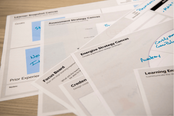 A collection of LX Studio canvas worksheets fanned out on a wooden surface, including the Learner Snapshot Canvas, Assessment Strategy Canvas, Energize Strategy Canvas, Focus Board, and Learning Environment canvas. Several worksheets have handwritten notes in blue ink.